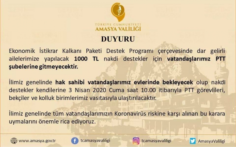 1000 TL Nakdi Destek Ödemeleri Hakkında Duyuru