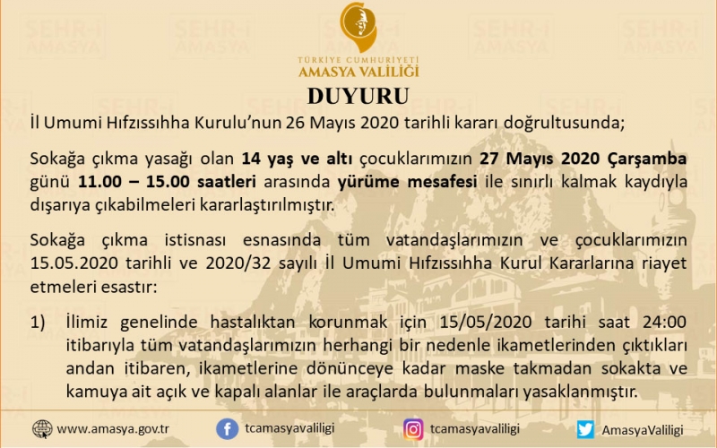 Amasya Valiliği'nden Duyuru; '14 yaş ve altı çocuklarımız 27 Mayıs 2020 Çarşamba 11.00-15.00 saatleri arasında sokağa çıkabileceklerdir'